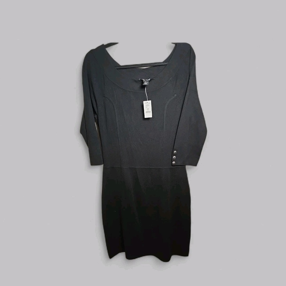 White House‎ Black Market Black Knit Sweater Dress Womens L 3/4 Sleeve Buttons